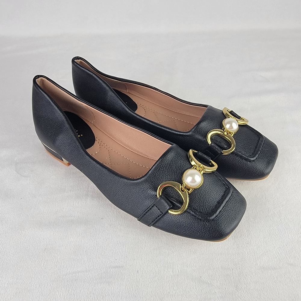 Minglifei Black Square Toe Loafers Gold Pearl Hardware Low Block Heel Flats 245